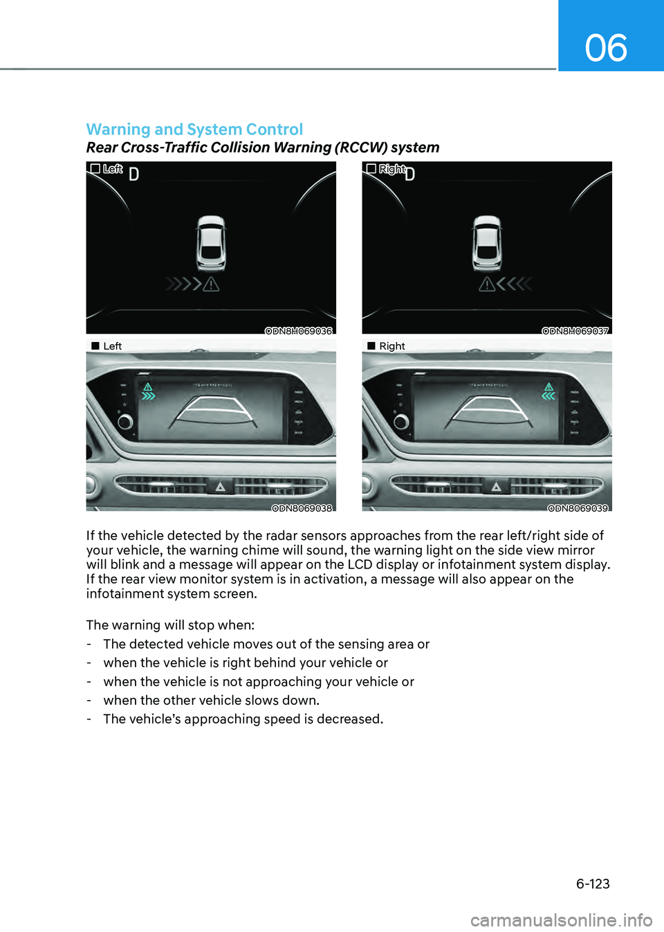 HYUNDAI SONATA HYBRID 2021 Owners Manual 06
6-123
If the vehicle detected by the radar sensors approaches from the rear left/right side of
your vehicle, the warning chime will sound, the warning light on the side view mirror
will blink and HYUNDAI SONATA HYBRID 2021 Owners Manual 06
6-123
If the vehicle detected by the radar sensors approaches from the rear left/right side of
your vehicle, the warning chime will sound, the warning light on the side view mirror
will blink and