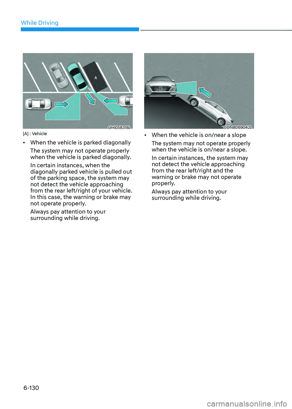 HYUNDAI SONATA HYBRID 2021  Owners Manual While Driving
6-130
OHI058318L[A] : Vehicle
•	When the vehicle is parked diagonally
The system may not operate properly 
when the vehicle is parked diagonally.
In certain instances, when the 
diagon