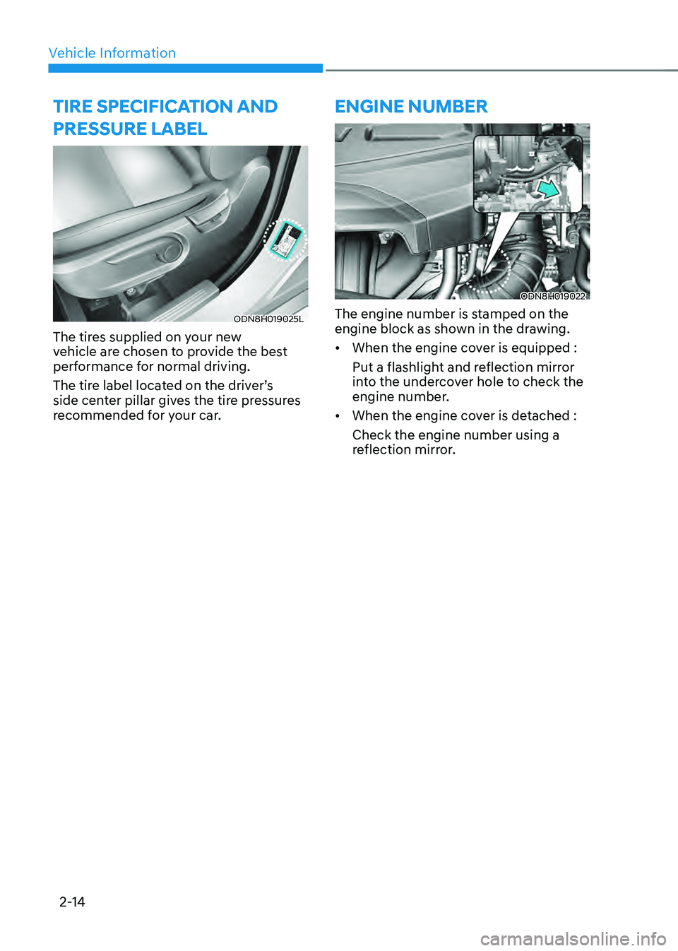 HYUNDAI SONATA HYBRID 2021 Service Manual Vehicle Information
2-14
TIRE SPECIFICATION AND
PRESSURE LABEL
ODN8H019025L
The tires supplied on your new
vehicle are chosen to provide the best
performance for normal driving.
The tire label loca HYUNDAI SONATA HYBRID 2021 Service Manual Vehicle Information
2-14
TIRE SPECIFICATION AND
PRESSURE LABEL
ODN8H019025L
The tires supplied on your new
vehicle are chosen to provide the best
performance for normal driving.
The tire label loca