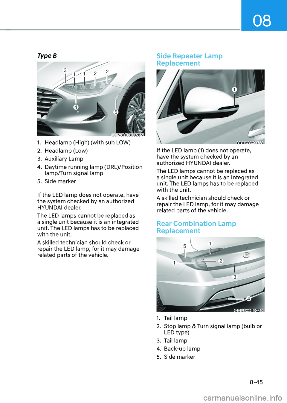 HYUNDAI SONATA HYBRID 2021 Owners Manual 08
8-45
Type B
ODN8H080026N
1. Headlamp (High) (with sub LOW)
2. Headlamp (Low)
3. Auxiliary Lamp
4. Daytime running lamp (DRL)/Position
lamp/Turn signal lamp
5. Side marker
If the LED lamp does not HYUNDAI SONATA HYBRID 2021 Owners Manual 08
8-45
Type B
ODN8H080026N
1. Headlamp (High) (with sub LOW)
2. Headlamp (Low)
3. Auxiliary Lamp
4. Daytime running lamp (DRL)/Position
lamp/Turn signal lamp
5. Side marker
If the LED lamp does not