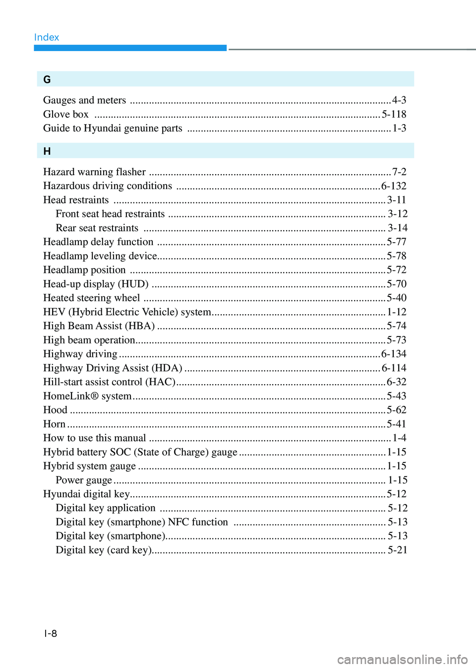 HYUNDAI SONATA HYBRID 2021 Owners Manual Index
I-8
G
Gauges and meters
........................................................................\
........................4-3
Glove box
...................................................... HYUNDAI SONATA HYBRID 2021 Owners Manual Index
I-8
G
Gauges and meters
........................................................................\
........................4-3
Glove box
......................................................