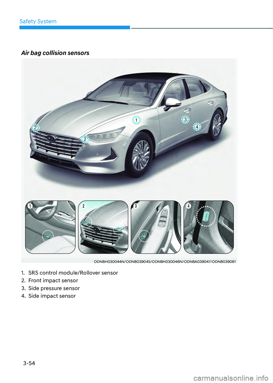 HYUNDAI SONATA HYBRID 2021 Owners Manual 3-54
Safety System
Air bag collision sensors
ODN8H030044N/ODN8039045/ODN8H030046N/ODN8A039047/ODN8039061
1. SRS control module/Rollover sensor
2. Front impact sensor
3. Side pressure sensor
4. Side im HYUNDAI SONATA HYBRID 2021 Owners Manual 3-54
Safety System
Air bag collision sensors
ODN8H030044N/ODN8039045/ODN8H030046N/ODN8A039047/ODN8039061
1. SRS control module/Rollover sensor
2. Front impact sensor
3. Side pressure sensor
4. Side im