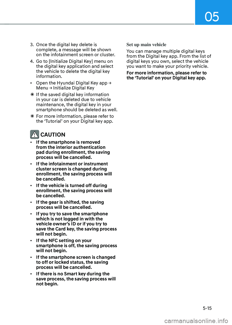 HYUNDAI SONATA HYBRID 2020  Owners Manual 05
5-15
3. Once the digital key delete is 
complete, a message will be shown 
on the infotainment screen or cluster.
4. Go to [Initialize Digital Key] menu on 
the digital key application and select 
