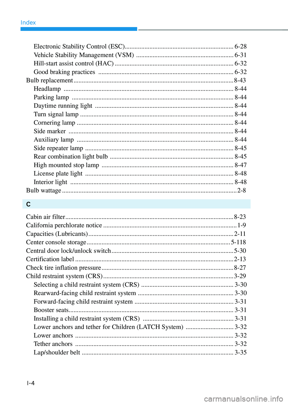HYUNDAI SONATA HYBRID 2020 Owners Manual Index
I-4
Electronic Stability Control (ESC).................................................................. 6-28
Vehicle Stability Management (VSM)
............................................... HYUNDAI SONATA HYBRID 2020 Owners Manual Index
I-4
Electronic Stability Control (ESC).................................................................. 6-28
Vehicle Stability Management (VSM)
...............................................