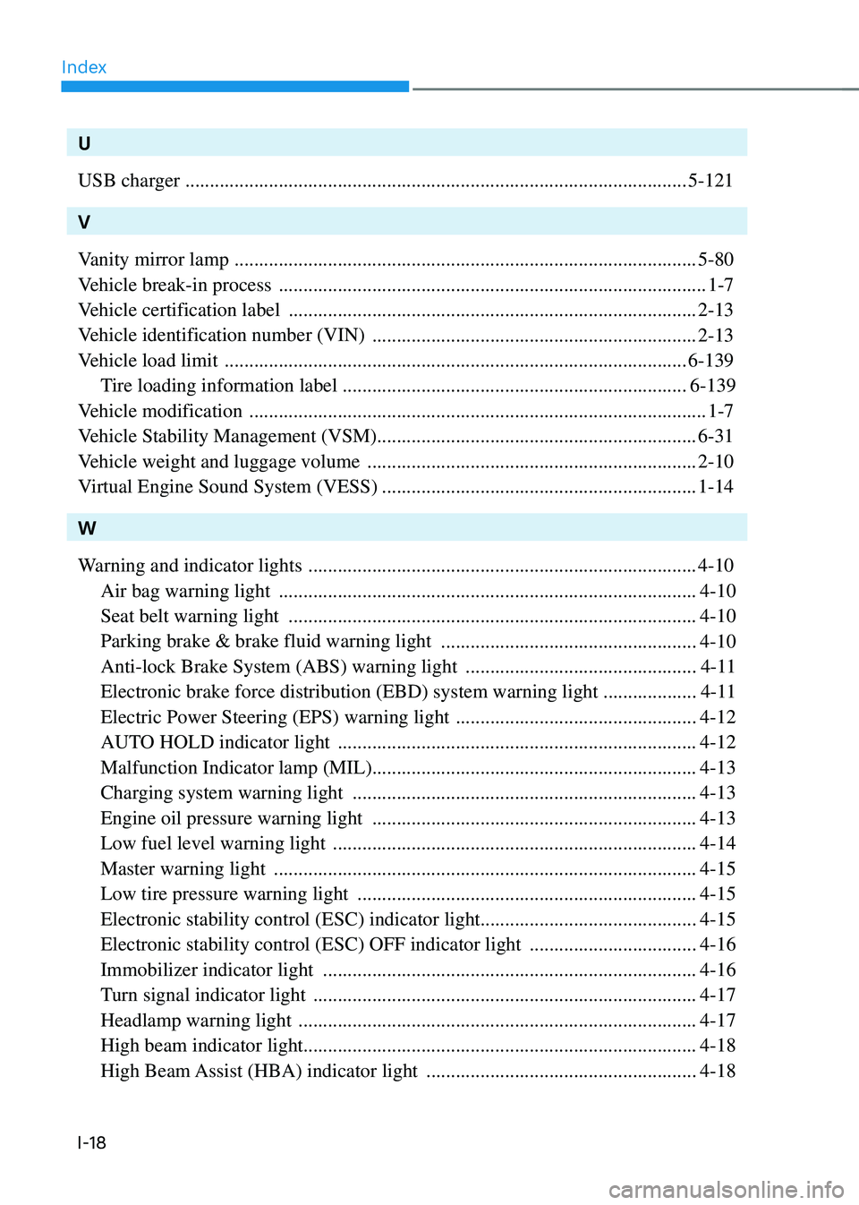 HYUNDAI SONATA HYBRID 2020  Owners Manual Index
I-18
U
USB charger 
 ........................................................................\
..............................5-121
V
Vanity mirror lamp 
 ........................................