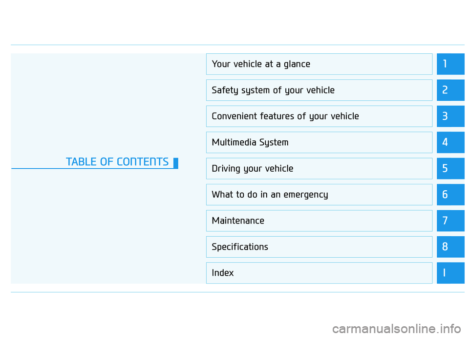HYUNDAI SONATA HYBRID 2019 User Guide 1
2
3
4
5
6
7
8
I
Your vehicle at a glance
Safety system of your vehicle
Convenient features of your vehicle
Multimedia System
Driving your vehicle
What to do in an emergency
Maintenance
Specification HYUNDAI SONATA HYBRID 2019 User Guide 1
2
3
4
5
6
7
8
I
Your vehicle at a glance
Safety system of your vehicle
Convenient features of your vehicle
Multimedia System
Driving your vehicle
What to do in an emergency
Maintenance
Specification