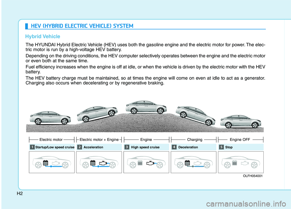 HYUNDAI SONATA HYBRID 2019  Owners Manual H2
Hybrid Vehicle   
HHEEVV   (( HH YY BBRRIIDD   EE LLEE CCTT RR IICC   VV EEHH IICC LLEE ))  SS YY SSTT EEMM        
The HYUNDAI Hybrid Electric Vehicle (HEV) uses both the gasoline engine and the e
