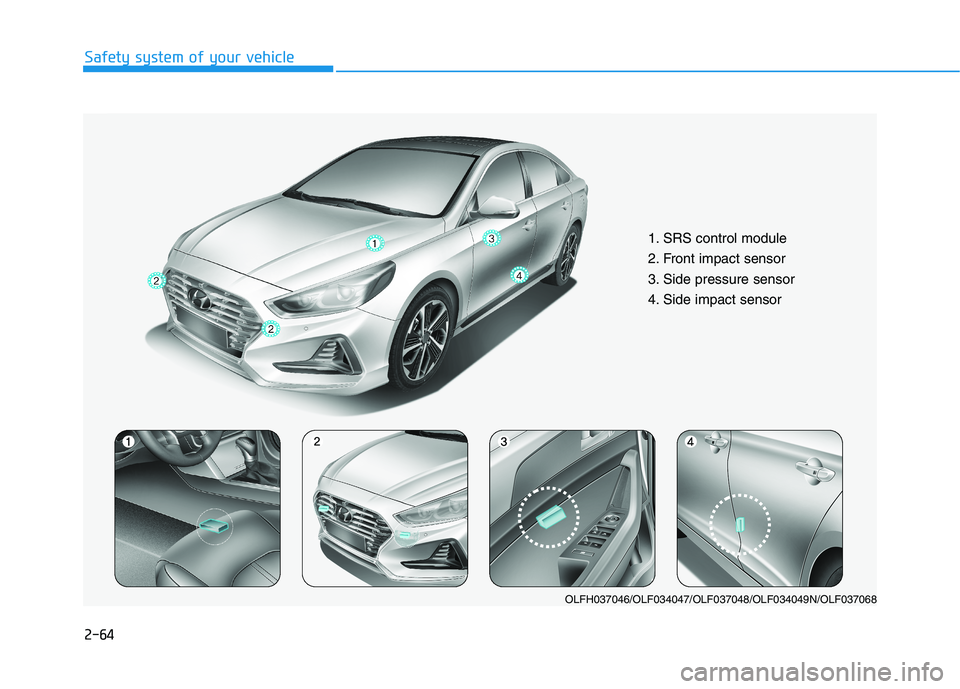 HYUNDAI SONATA HYBRID 2019 Owners Manual 2-64
Safety system of your vehicle
1. SRS control module
2. Front impact sensor
3. Side pressure sensor
4. Side impact sensor
OLFH037046/OLF034047/OLF037048/OLF034049N/OLF037068 HYUNDAI SONATA HYBRID 2019 Owners Manual 2-64
Safety system of your vehicle
1. SRS control module
2. Front impact sensor
3. Side pressure sensor
4. Side impact sensor
OLFH037046/OLF034047/OLF037048/OLF034049N/OLF037068