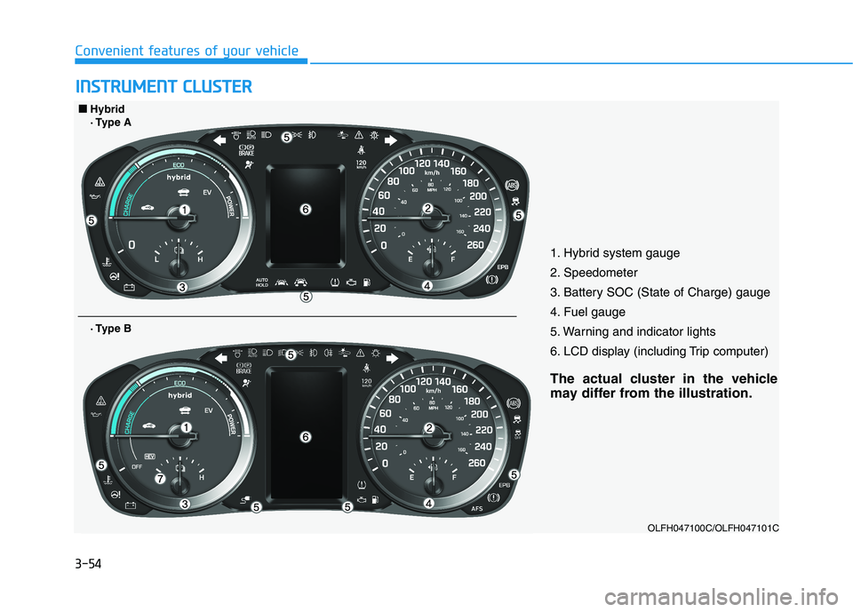 HYUNDAI SONATA HYBRID 2019 Owners Manual 3-54
Convenient features of your vehicleI
I NN SSTT RR UU MM EENN TT CC LLUU SSTT EERR
1. Hybrid system gauge
2. Speedometer
3. Battery SOC (State of Charge) gauge
4. Fuel gauge
5. Warning and indic HYUNDAI SONATA HYBRID 2019 Owners Manual 3-54
Convenient features of your vehicleI
I NN SSTT RR UU MM EENN TT CC LLUU SSTT EERR
1. Hybrid system gauge
2. Speedometer
3. Battery SOC (State of Charge) gauge
4. Fuel gauge
5. Warning and indic