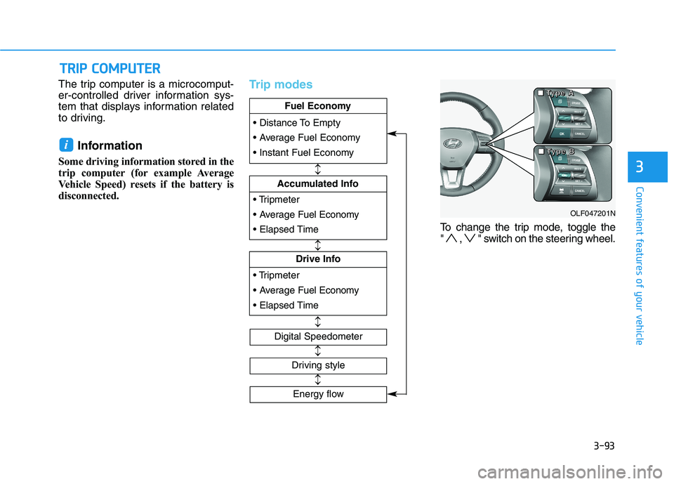 HYUNDAI SONATA HYBRID 2019  Owners Manual 3-93
Convenient features of your vehicle
The trip computer is a microcomput- 
er-controlled driver information sys-
tem that displays information related
to driving.Information 
Some driving informati