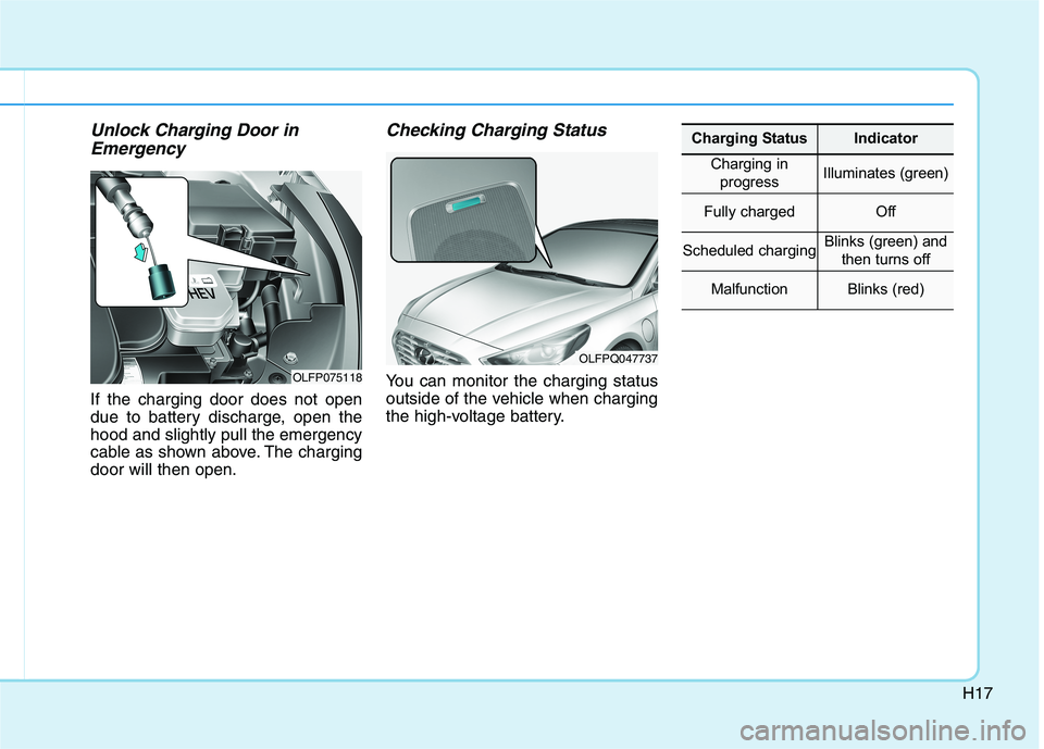 HYUNDAI SONATA HYBRID 2019 Owners Manual H17
Unlock Charging Door inEmergency
If the charging door does not open
due to battery discharge, open thehood and slightly pull the emergency
cable as shown above. The chargingdoor will then open.
HYUNDAI SONATA HYBRID 2019 Owners Manual H17
Unlock Charging Door inEmergency
If the charging door does not open
due to battery discharge, open thehood and slightly pull the emergency
cable as shown above. The chargingdoor will then open.