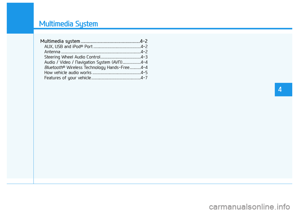 HYUNDAI SONATA HYBRID 2019 Owners Manual Multimedia System
Multimedia system .................................................4-2AUX, USB and iPod ®
Port ...............................................4-2
Antenna ........................... HYUNDAI SONATA HYBRID 2019 Owners Manual Multimedia System
Multimedia system .................................................4-2AUX, USB and iPod ®
Port ...............................................4-2
Antenna ...........................