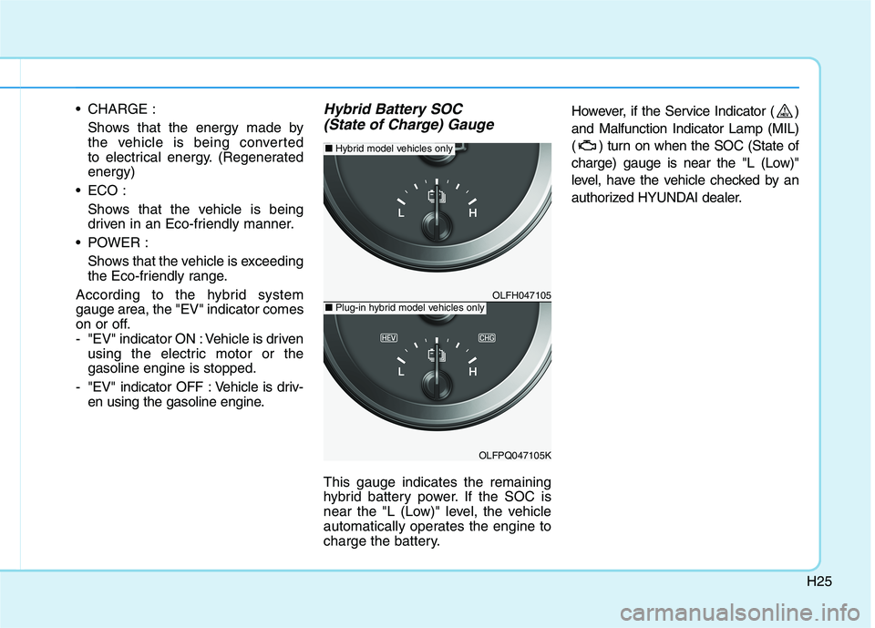 HYUNDAI SONATA HYBRID 2019 Owners Guide H25
CHARGE :Shows that the energy made bythe vehicle is being converted
to electrical energy. (Regeneratedenergy)
ECO :
Shows that the vehicle is beingdriven in an Eco-friendly manner.
POWER : S HYUNDAI SONATA HYBRID 2019 Owners Guide H25
CHARGE :Shows that the energy made bythe vehicle is being converted
to electrical energy. (Regeneratedenergy)
ECO :
Shows that the vehicle is beingdriven in an Eco-friendly manner.
POWER : S