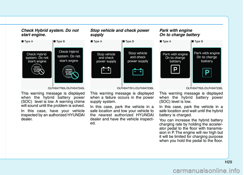 HYUNDAI SONATA HYBRID 2019  Owners Manual H29
Check Hybrid system. Do notstart engine.
This warning message is displayed 
when the hybrid battery power
(SOC)  level is low. A warning chime
will sound until the problem is solved. 
In this case