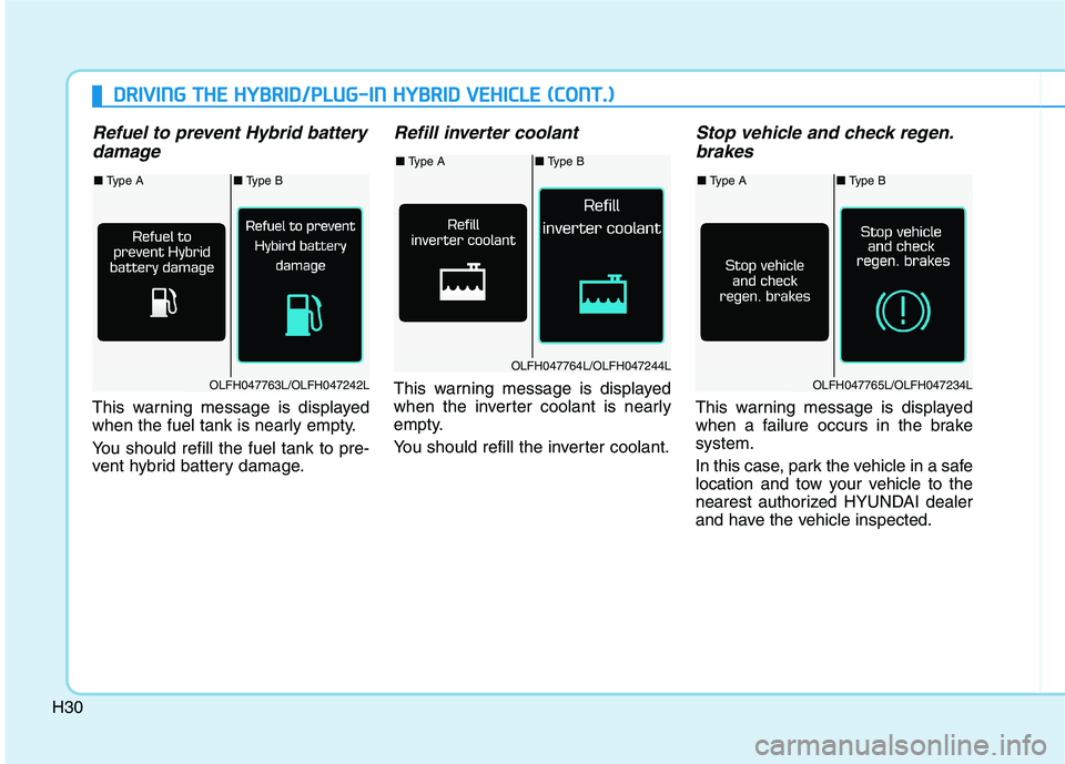 HYUNDAI SONATA HYBRID 2019  Owners Manual H30
DDRRIIVV IINN GG  TT HH EE  HH YY BBRRIIDD //PP LLUU GG--IINN   HH YY BBRRIIDD   VV EEHH IICC LLEE   (( CC OO NNTT..))
Refuel to prevent Hybrid battery
damage
This warning message is displayed 
wh