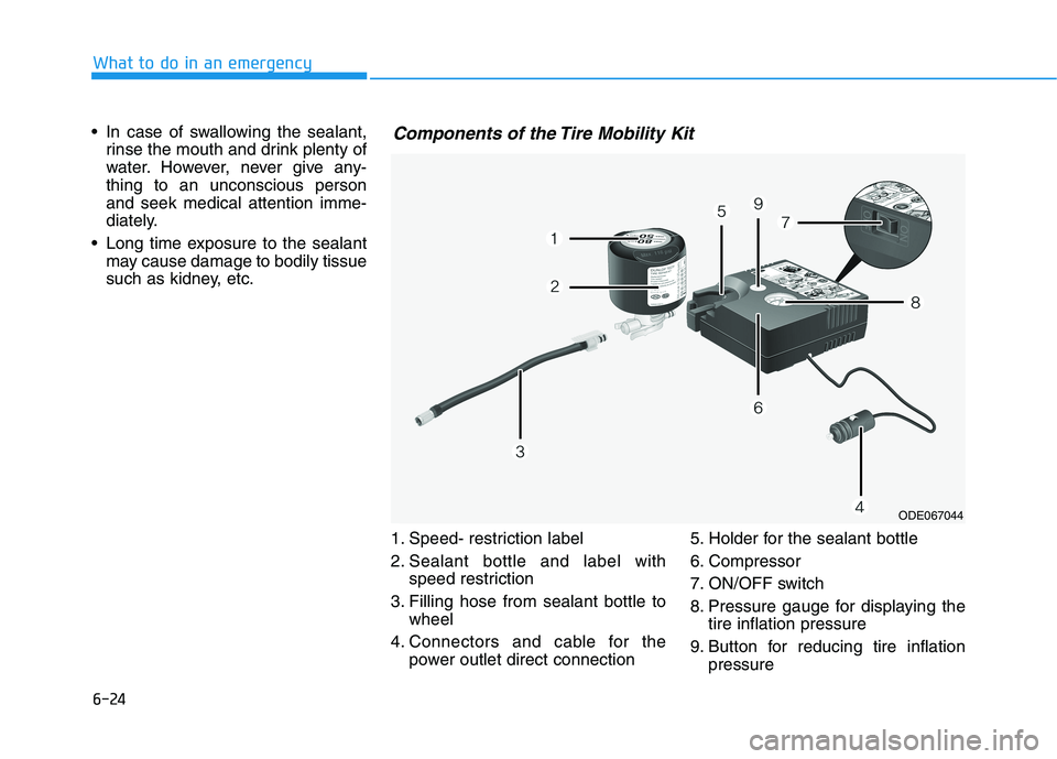 HYUNDAI SONATA HYBRID 2019 Owners Manual 6-24
In case of swallowing the sealant,
rinse the mouth and drink plenty of
water. However, never give any-thing to an unconscious personand seek medical attention imme-
diately.
Long time exposure HYUNDAI SONATA HYBRID 2019 Owners Manual 6-24
In case of swallowing the sealant,
rinse the mouth and drink plenty of
water. However, never give any-thing to an unconscious personand seek medical attention imme-
diately.
Long time exposure