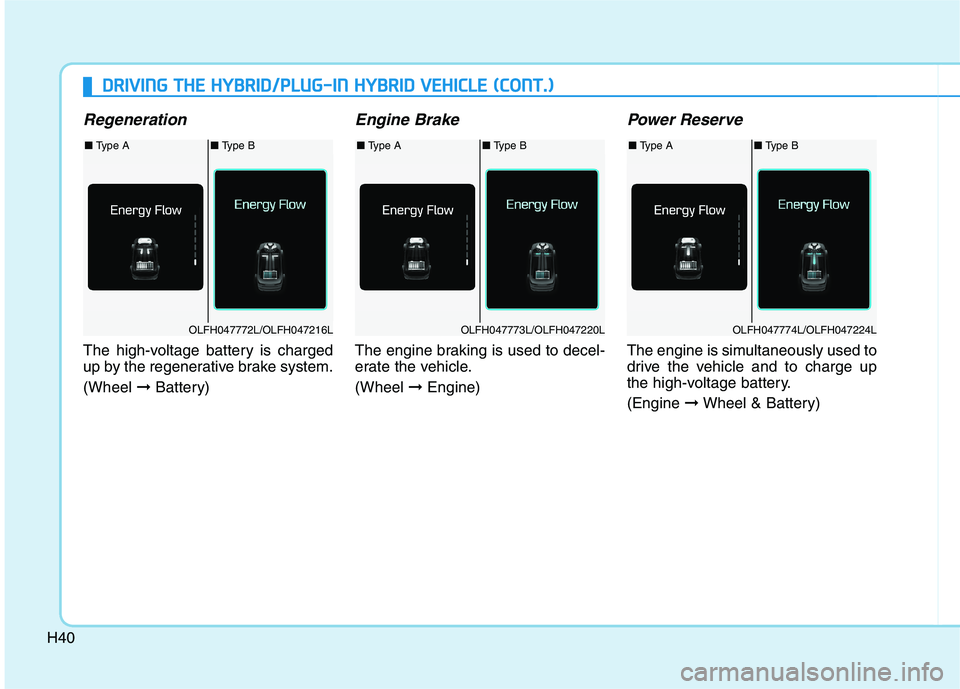 HYUNDAI SONATA HYBRID 2019 Workshop Manual H40
Regeneration
The high-voltage battery is charged
up by the regenerative brake system. (Wheel ➞Battery)
Engine Brake
The engine braking is used to decel-
erate the vehicle. (Wheel ➞Engine)
P HYUNDAI SONATA HYBRID 2019 Workshop Manual H40
Regeneration
The high-voltage battery is charged
up by the regenerative brake system. (Wheel ➞Battery)
Engine Brake
The engine braking is used to decel-
erate the vehicle. (Wheel ➞Engine)
P