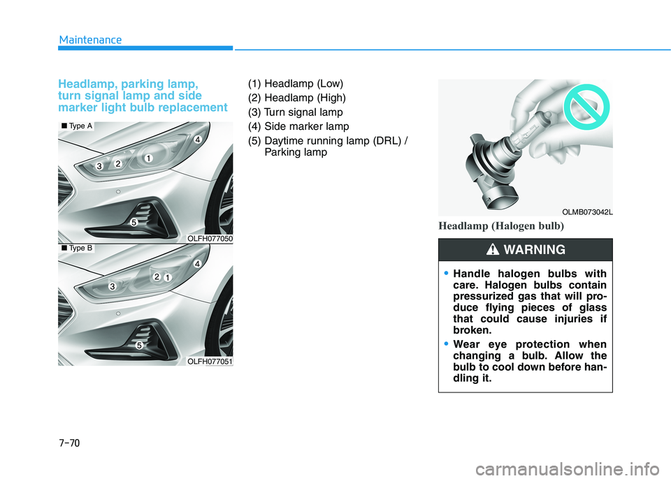 HYUNDAI SONATA HYBRID 2019  Owners Manual 7-70
Maintenance
Headlamp, parking lamp, turn signal lamp and side
marker light bulb replacement(1) Headlamp (Low) (2) Headlamp (High)
(3) Turn signal lamp
(4) Side marker lamp
(5) Daytime running lam
