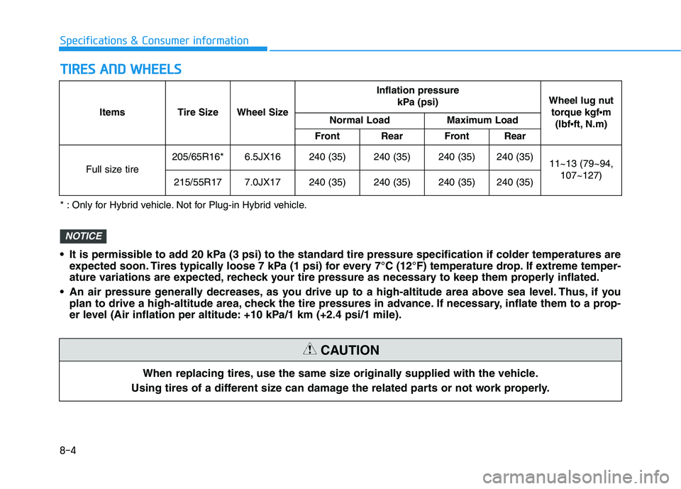 HYUNDAI SONATA HYBRID 2019  Owners Manual 8-4
Specifications & Consumer information T
T IIRR EESS  AA NN DD  WW HHEEEELLSS
When replacing tires, use the same size originally supplied with the vehicle.
Using tires of a different size can damag