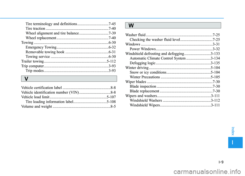 HYUNDAI SONATA HYBRID 2019  Owners Manual I-9
Tire terminology and definitions ................................7-45 
Tire traction ................................................................7-40
Wheel alignment and tire balance .........