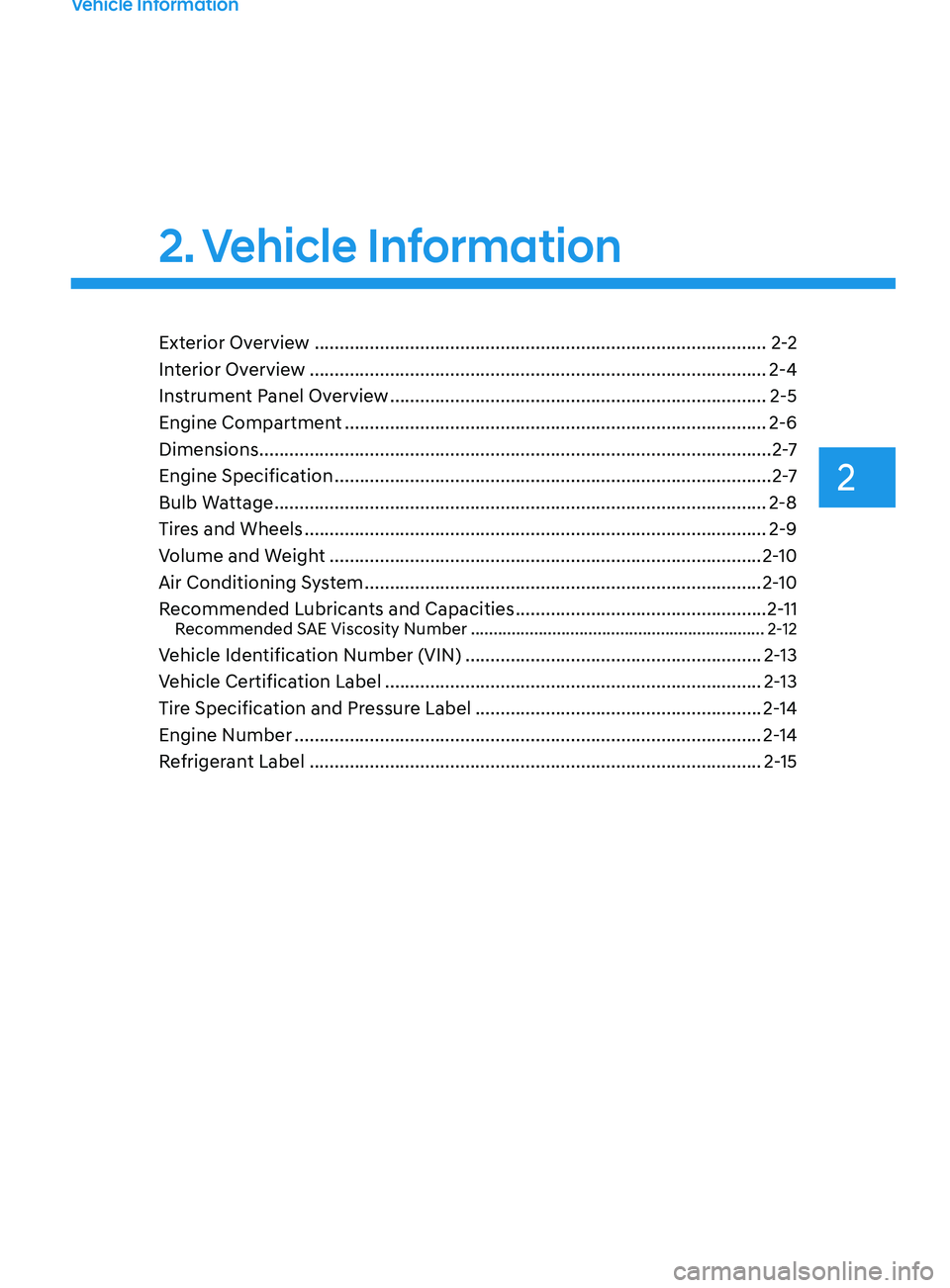 HYUNDAI SONATA 2022 Owners Manual 2
2. Vehicle Information
Vehicle Information
Exterior Overview ........................................................................\
..................2 -2
Interior Overview ................... HYUNDAI SONATA 2022 Owners Manual 2
2. Vehicle Information
Vehicle Information
Exterior Overview ........................................................................\
..................2 -2
Interior Overview ...................
