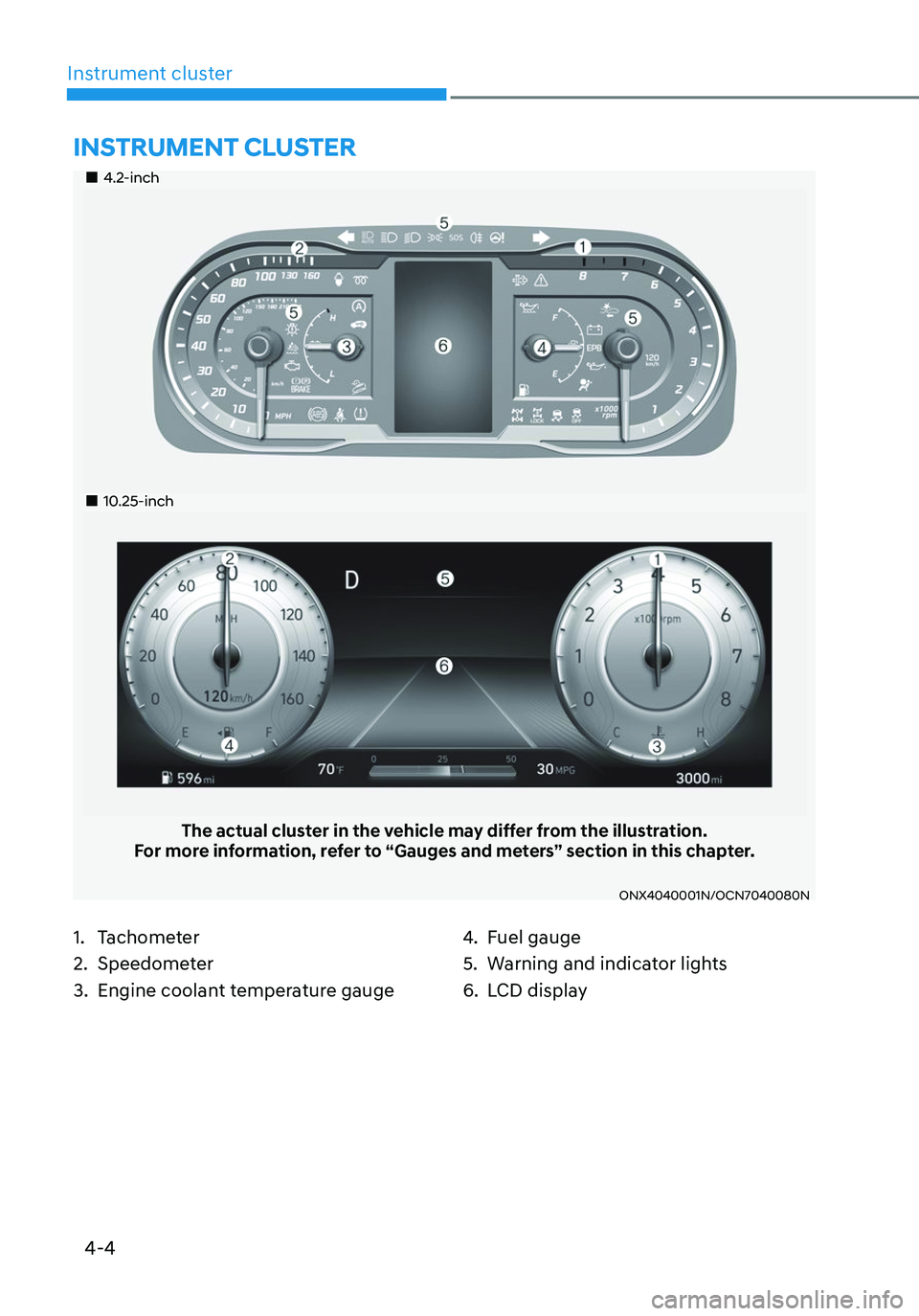 HYUNDAI TUCSON 2023  Owners Manual 4-4
Instrument cluster
„„4.2-inch
„„10.25-inch
The actual cluster in the vehicle may differ from the illustration.For more information, refer to “Gauges and meters” section in 