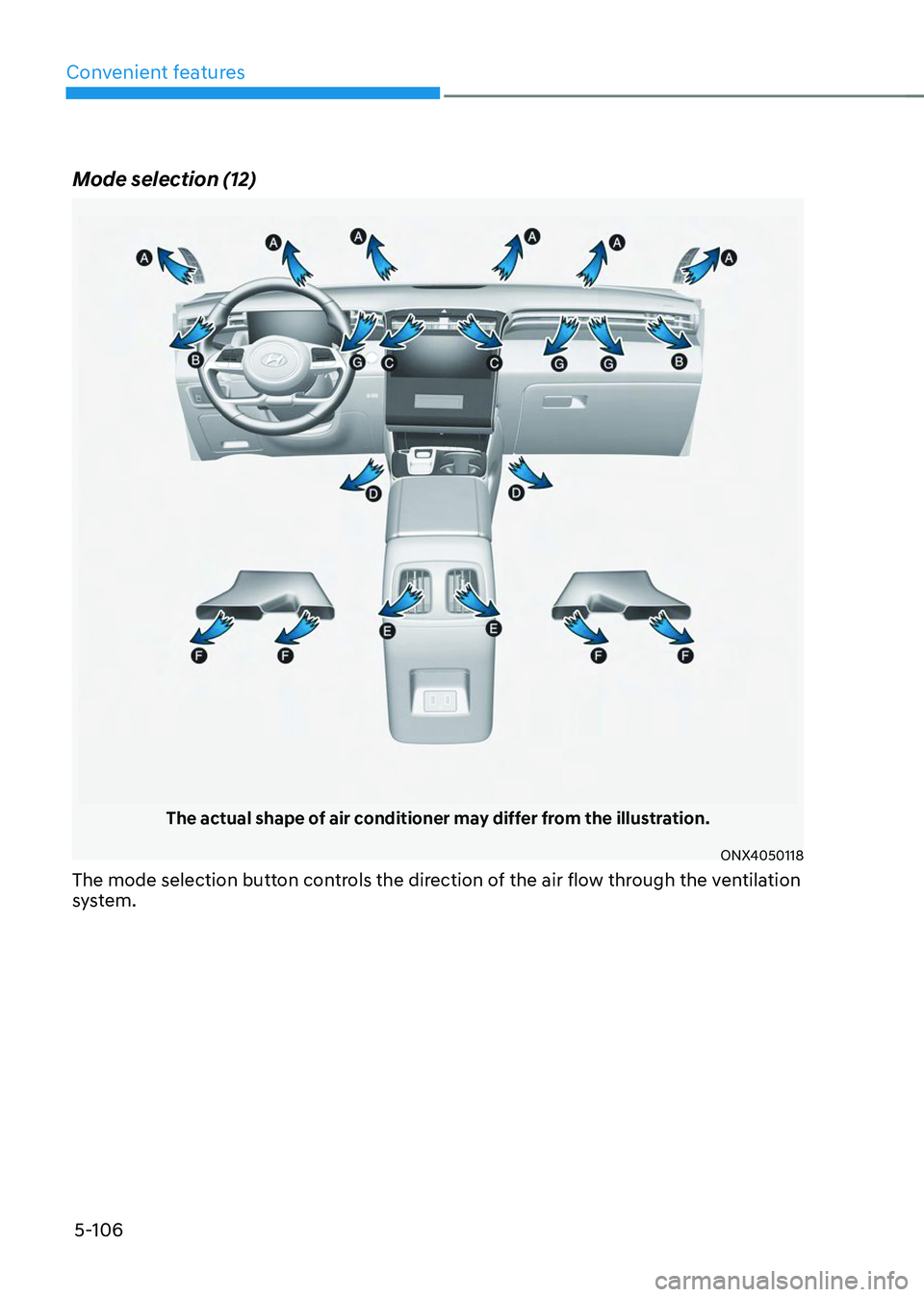 HYUNDAI TUCSON 2023 Owners Manual Convenient features
5-106
Mode selection (12)
The actual shape of air conditioner may differ from the illustration.
ONX4050118
The mode selection button controls the direction of the air flow through HYUNDAI TUCSON 2023 Owners Manual Convenient features
5-106
Mode selection (12)
The actual shape of air conditioner may differ from the illustration.
ONX4050118
The mode selection button controls the direction of the air flow through