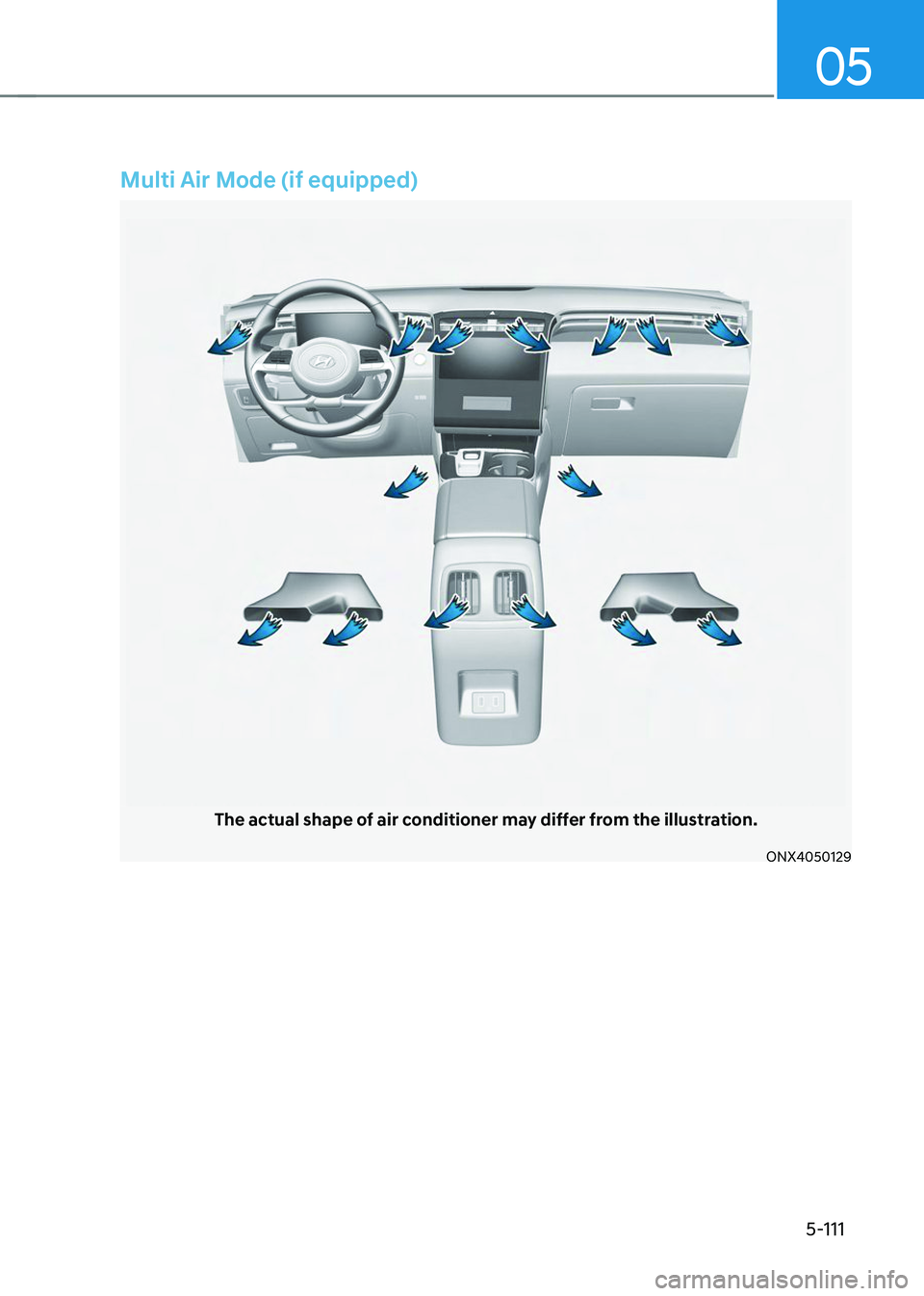HYUNDAI TUCSON 2023 Owners Manual 05
5-111
Multi Air Mode (if equipped)
The actual shape of air conditioner may differ from the illustration.
ONX4050129 HYUNDAI TUCSON 2023 Owners Manual 05
5-111
Multi Air Mode (if equipped)
The actual shape of air conditioner may differ from the illustration.
ONX4050129