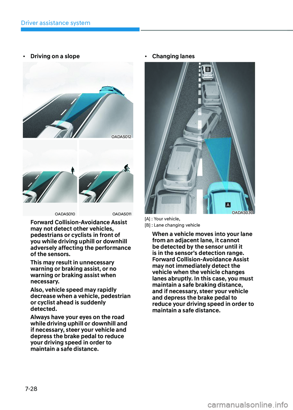 HYUNDAI TUCSON 2023 Owners Manual Driver assistance system
7-28
• Driving on a slope
OADAS012
OADAS010OADAS011
Forward Collision-Avoidance Assist
may not detect other vehicles,
pedestrians or cyclists in front of
you while drivin HYUNDAI TUCSON 2023 Owners Manual Driver assistance system
7-28
• Driving on a slope
OADAS012
OADAS010OADAS011
Forward Collision-Avoidance Assist
may not detect other vehicles,
pedestrians or cyclists in front of
you while drivin
