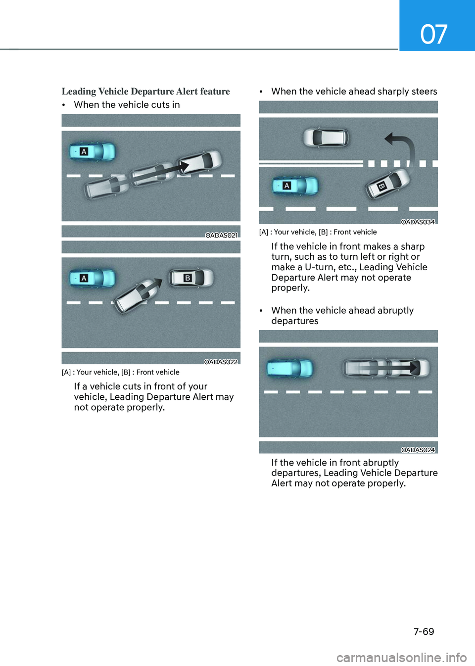 HYUNDAI TUCSON 2023  Owners Manual 07
7-69
Leading Vehicle Departure Alert feature
•	When the vehicle cuts in
OADAS021
OADAS022[A] : Your vehicle, [B] : Front vehicle
If a vehicle cuts in front of your 
vehicle, Leading Departure Ale
