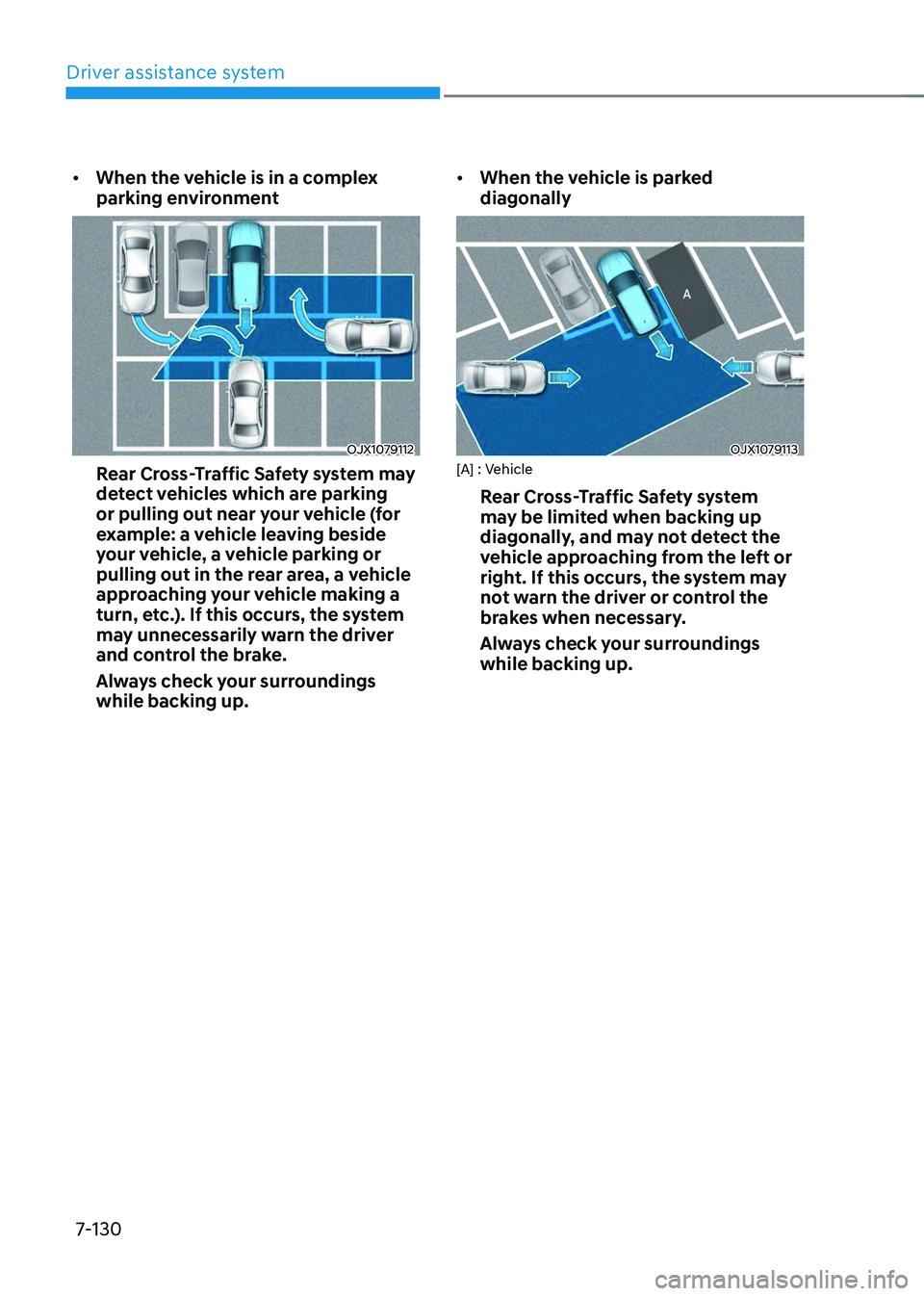 HYUNDAI TUCSON 2023  Owners Manual Driver assistance system
7-130
•	When the vehicle is in a complex 
parking environment
OJX1079112
Rear Cross-Traffic Safety system may 
detect vehicles which are parking 
or pulling out near your ve