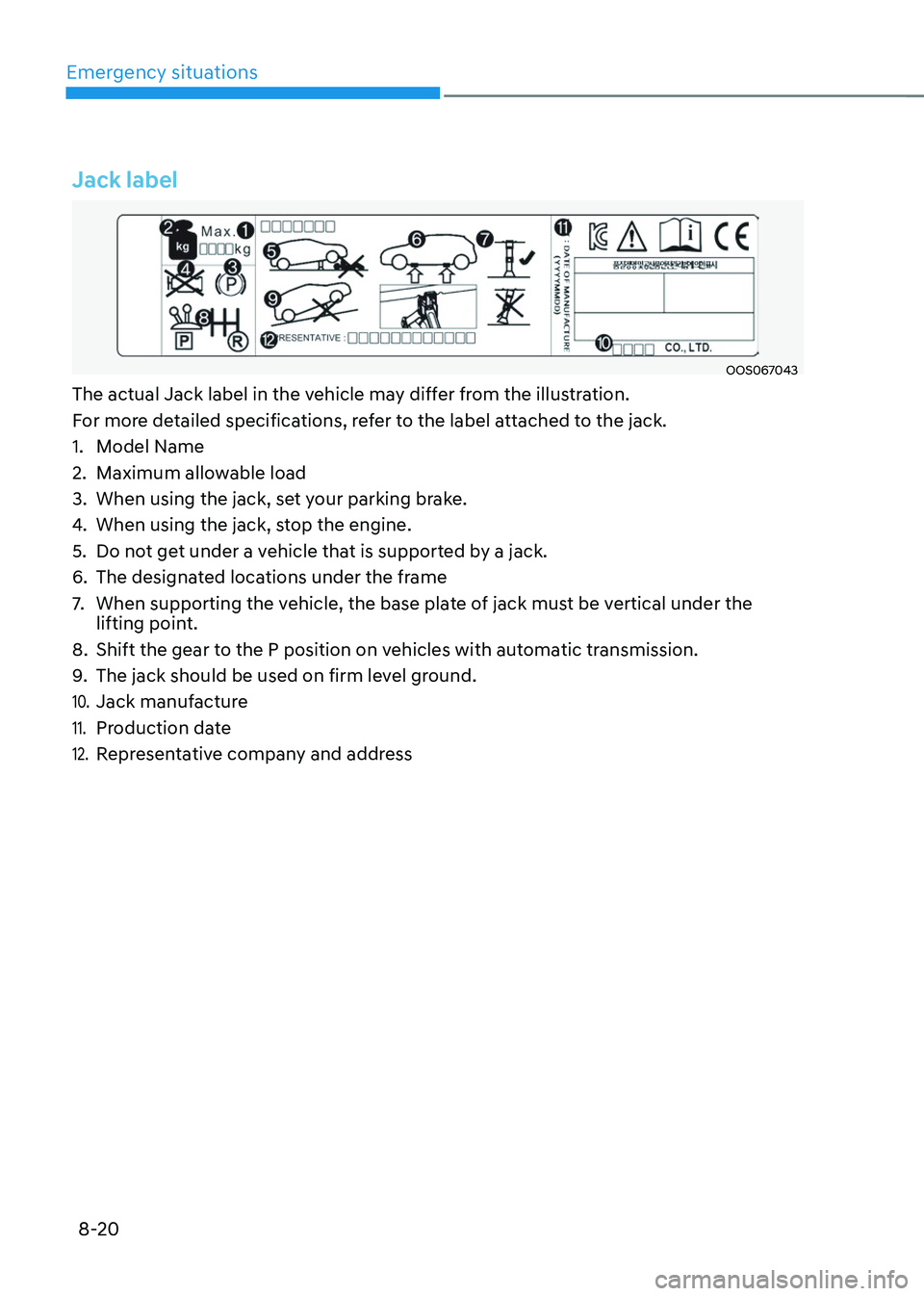 HYUNDAI TUCSON 2023  Owners Manual Emergency situations
8-20
Jack label
OOS067043
The actual Jack label in the vehicle may differ from the illustration.
For more detailed specifications, refer to the label attached to the jack.
1. Mode