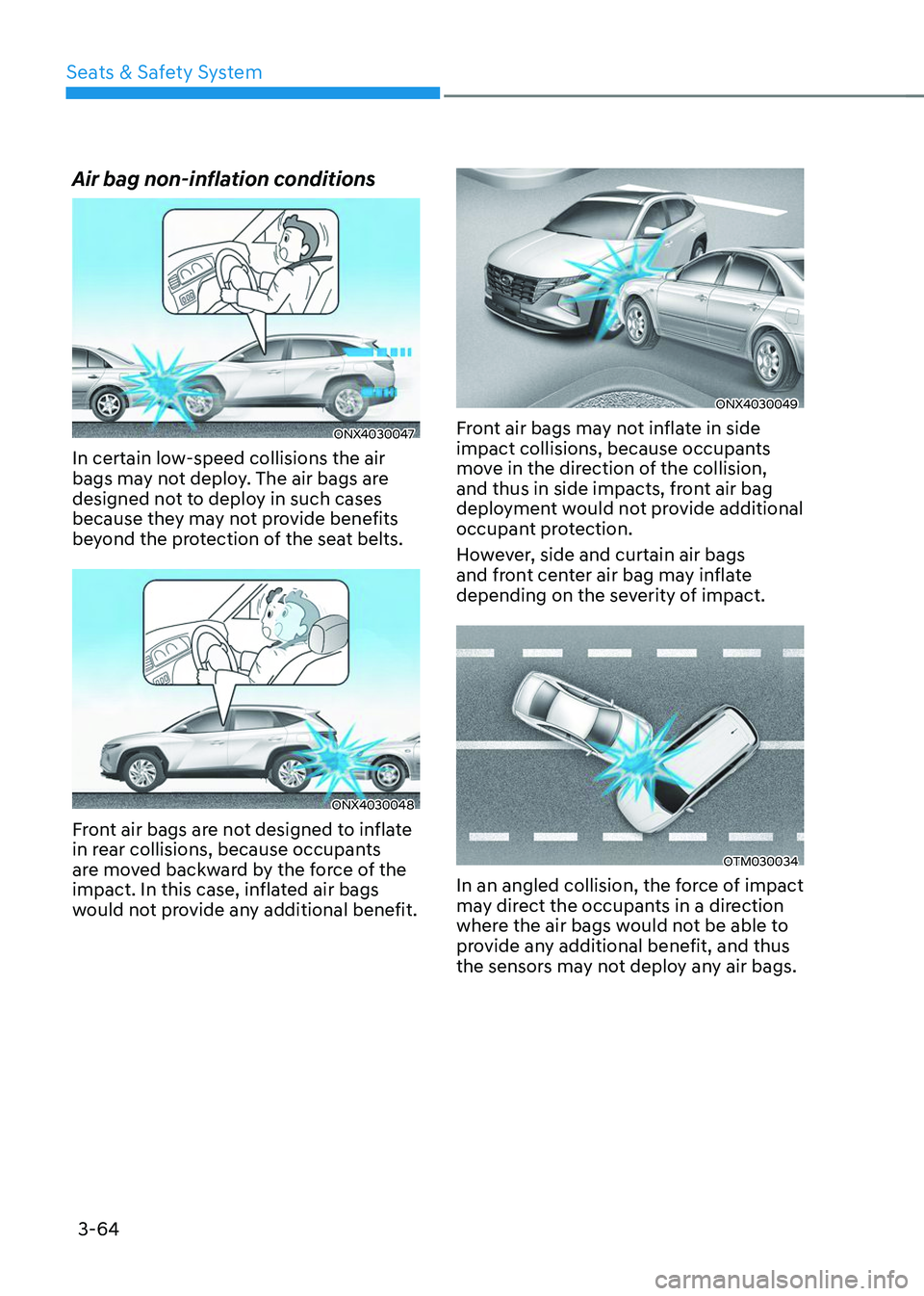 HYUNDAI TUCSON 2023  Owners Manual Seats & Safety System
3-64
Air bag non-inflation conditions
ONX4030047
In certain low-speed collisions the air 
bags may not deploy. The air bags are 
designed not to deploy in such cases 
because the