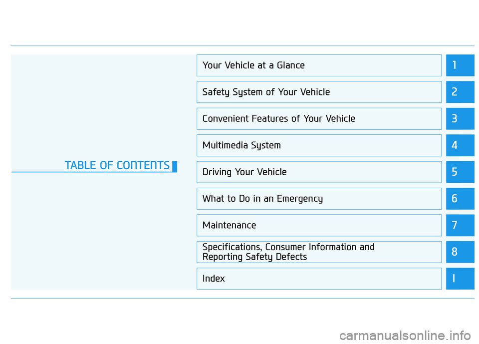 HYUNDAI TUCSON ULTIMATE 2020 User Guide 1
2
3
4
5
6
7
8
I
Your Vehicle at a Glance
Safety System of Your Vehicle
Convenient Features of Your Vehicle
Multimedia System
Driving Your Vehicle
What to Do in an Emergency
Maintenance
Specification