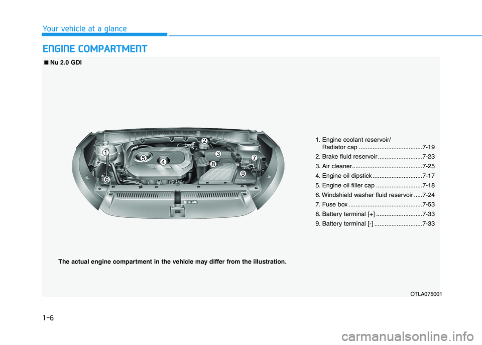 HYUNDAI TUCSON ULTIMATE 2020 User Guide 1-6
E EN
NG
GI
IN
NE
E 
 C
CO
OM
MP
PA
AR
RT
TM
ME
EN
NT
T
Your vehicle at a glance
OTLA075001 ■ ■
Nu 2.0 GDI
1. Engine coolant reservoir/
Radiator cap .....................................7-19
2.