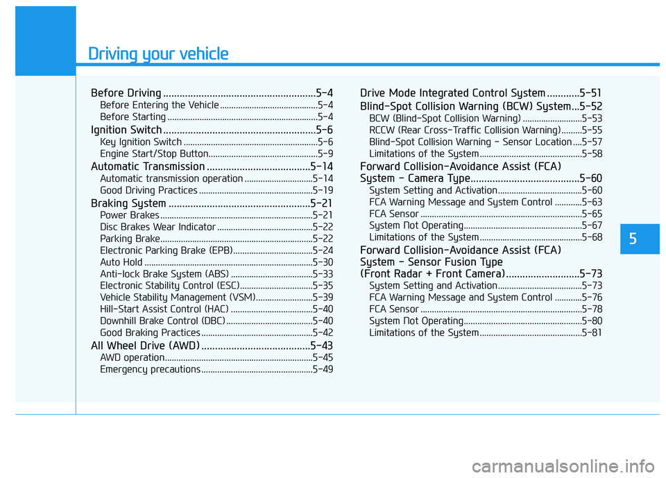 HYUNDAI TUCSON ULTIMATE 2020  Owners Manual Driving your vehicle
5
Before Driving ........................................................5-4
Before Entering the Vehicle ...........................................5-4
Before Starting ...........