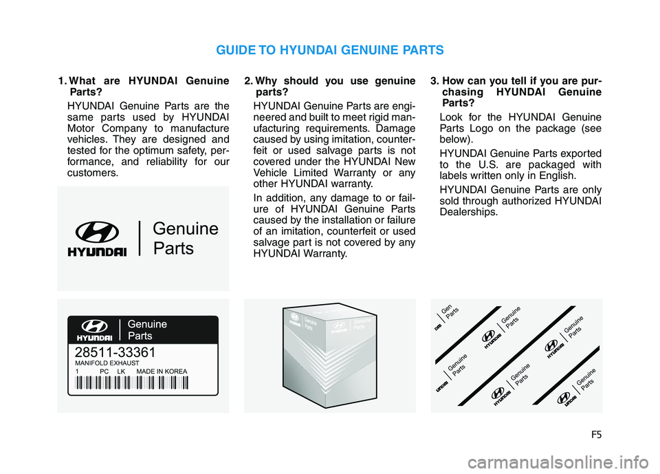 HYUNDAI TUCSON ULTIMATE 2020  Owners Manual F5
1. What are HYUNDAI Genuine
Parts?
HYUNDAI Genuine Parts are the
same parts used by HYUNDAI
Motor Company to manufacture
vehicles. They are designed and
tested for the optimum safety, per-
formance