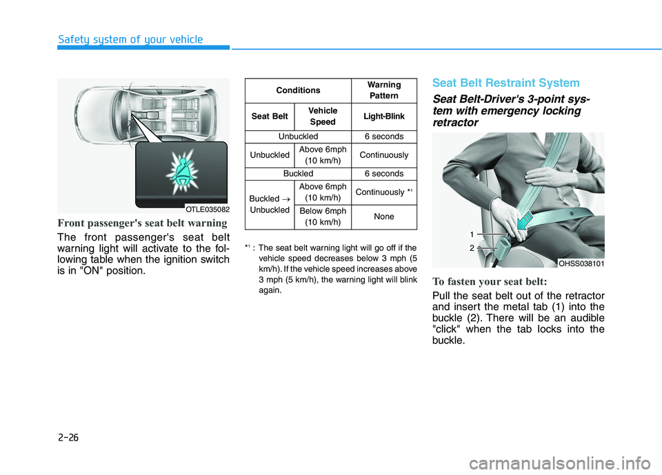 HYUNDAI TUCSON ULTIMATE 2020 Service Manual 2-26
Safety system of your vehicle
Front passenger's seat belt warning
The front passengers seat belt
warning light will activate to the fol-
lowing table when the ignition switch
is in "ON" posi