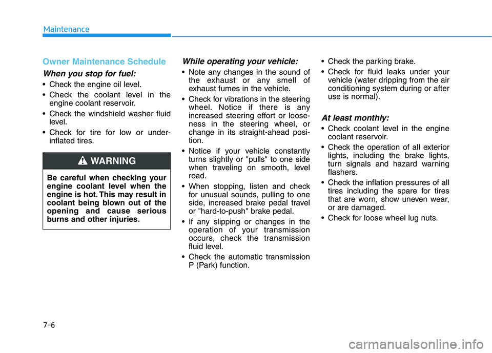 HYUNDAI TUCSON ULTIMATE 2020 Owners Manual 7-6
Maintenance
Owner Maintenance Schedule
When you stop for fuel:
• Check the engine oil level.
 Check the coolant level in the
engine coolant reservoir.
 Check the windshield washer fluid
level.
 