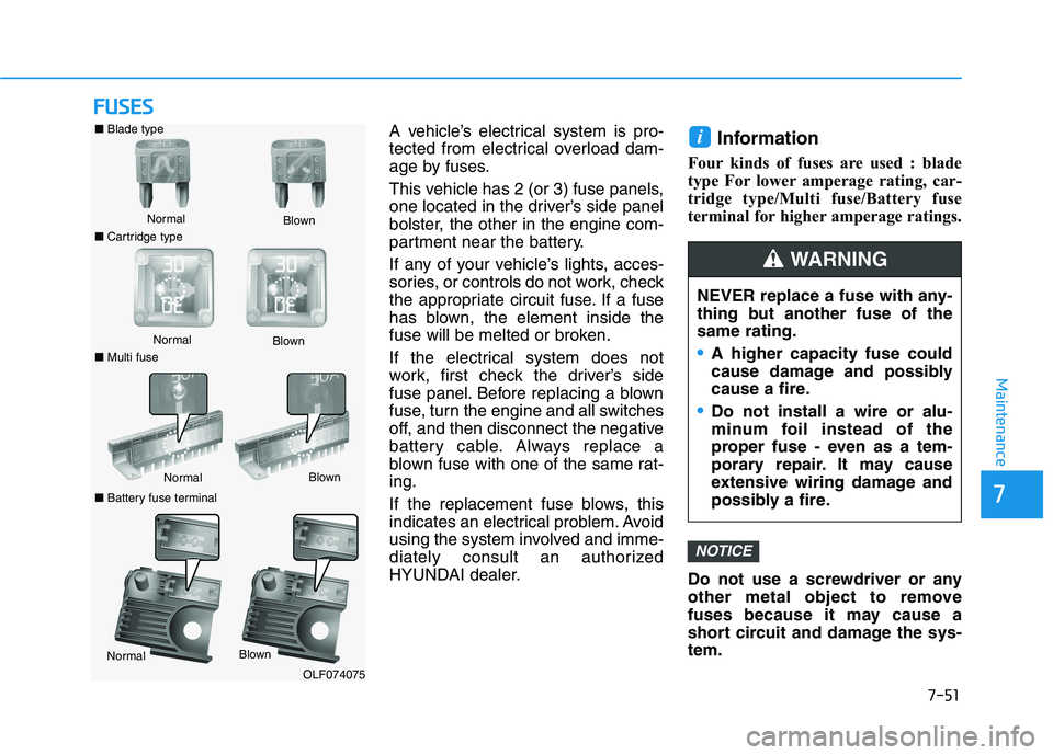 HYUNDAI TUCSON ULTIMATE 2020  Owners Manual 7-51
7
Maintenance
F FU
US
SE
ES
S
A vehicle’s electrical system is pro-
tected from electrical overload dam-
age by fuses.
This vehicle has 2 (or 3) fuse panels,
one located in the driver’s side 