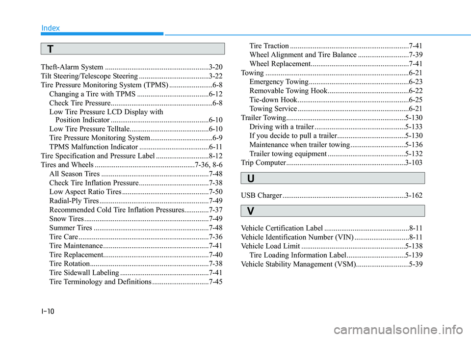 HYUNDAI TUCSON ULTIMATE 2020  Owners Manual I-10
Theft-Alarm System .......................................................3-20
Tilt Steering/Telescope Steering .....................................3-22
Tire Pressure Monitoring System (TPMS) ..