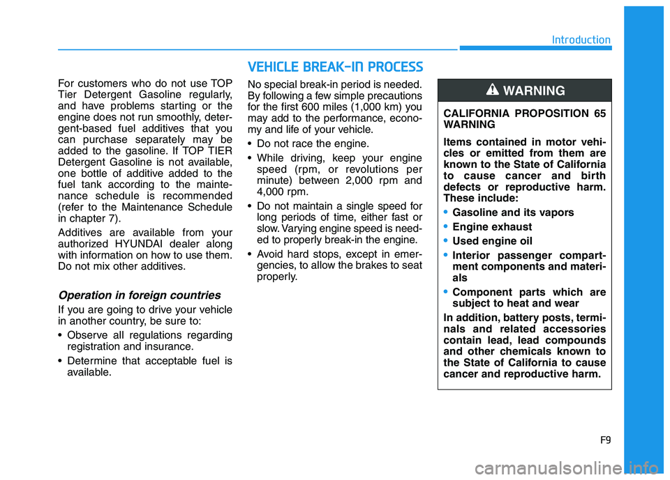 HYUNDAI TUCSON ULTIMATE 2020  Owners Manual F9
Introduction
For customers who do not use TOP
Tier Detergent Gasoline regularly,
and have problems starting or the
engine does not run smoothly, deter-
gent-based fuel additives that you
can purcha