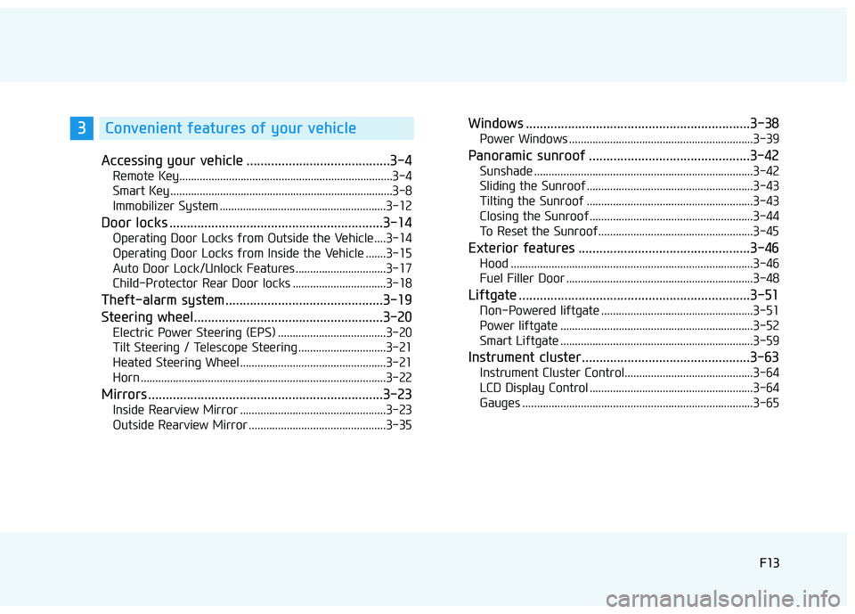 HYUNDAI TUCSON LIMITED 2017  Owners Manual F13F13
Accessing your vehicle .........................................3-4
Remote Key.........................................................................3-4 
Smart Key ...........................