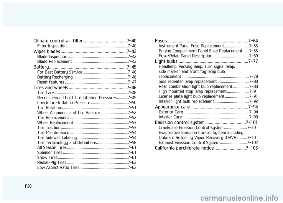 HYUNDAI TUCSON LIMITED 2017  Owners Manual F20
Climate control air filter .....................................7-40
Filter Inspection ...............................................................7-40
Wiper blades ............................