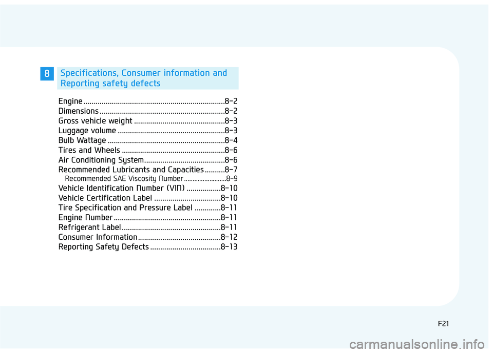 HYUNDAI TUCSON LIMITED 2017  Owners Manual F21F21
Engine ......................................................................8-2 
Dimensions ..............................................................8-2
Gross vehicle weight .............