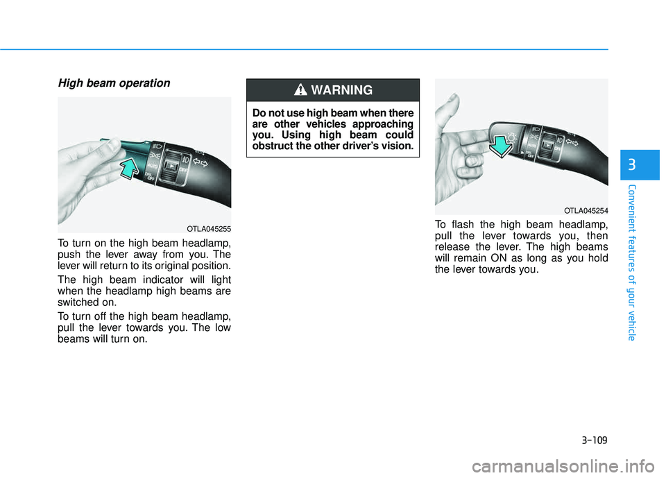 HYUNDAI TUCSON LIMITED 2017  Owners Manual 3-109
Convenient features of your vehicle
3
High beam operation
To turn on the high beam headlamp, 
push the lever away from you. The
lever will return to its original position. The high beam indicato
