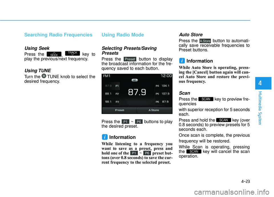 HYUNDAI TUCSON LIMITED 2017  Owners Manual 4-23
Multimedia System
4
Searching Radio Frequencies
Using Seek
Press the , key to
play the previous/next frequency.
Using TUNE
Turn the  TUNE knob to select the 
desired frequency.
Using Radio Mode
S