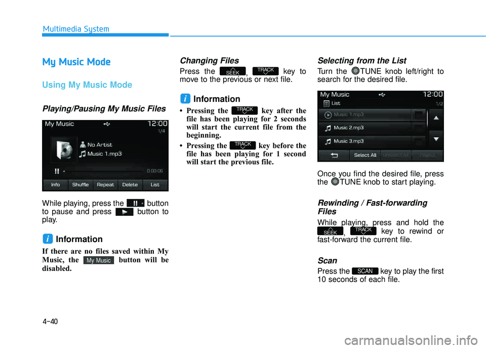 HYUNDAI TUCSON LIMITED 2017 Owners Manual 4-40
Multimedia System
MMyy MM uussiicc MM ooddee
Using My Music Mode
Playing/Pausing My Music Files
While playing, press the button
to pause and press button to
play.
Information
If there are HYUNDAI TUCSON LIMITED 2017 Owners Manual 4-40
Multimedia System
MMyy MM uussiicc MM ooddee
Using My Music Mode
Playing/Pausing My Music Files
While playing, press the button
to pause and press button to
play.
Information
If there are