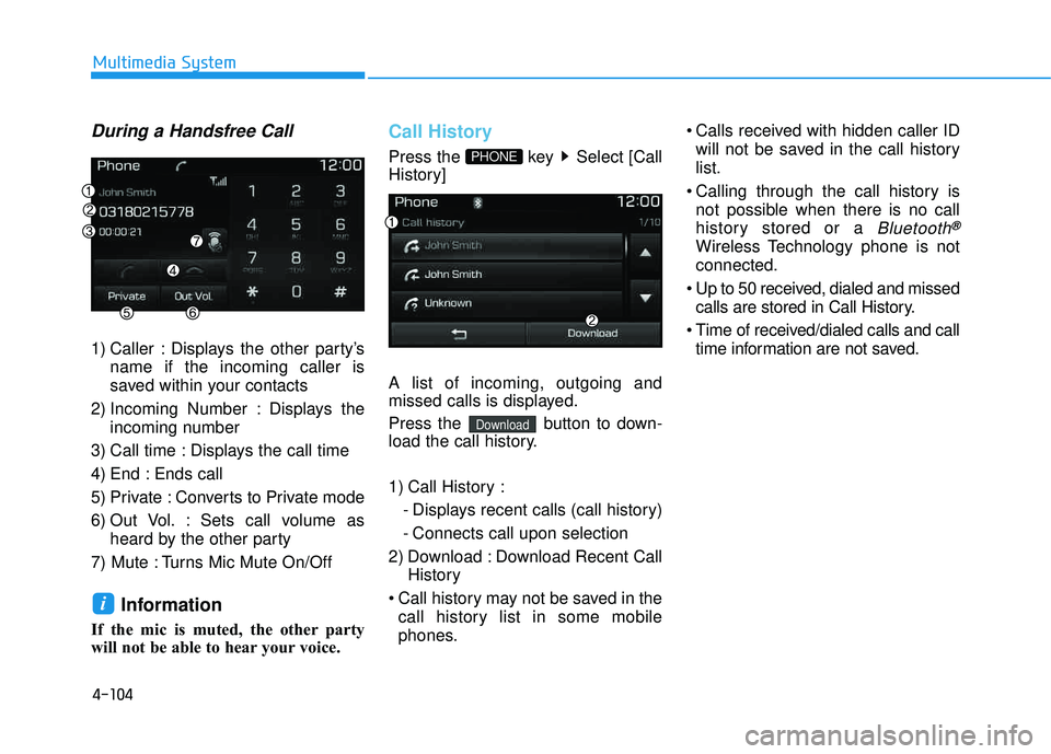 HYUNDAI TUCSON LIMITED 2017 Owners Manual 4-104
Multimedia System
During a Handsfree Call
1) Caller : Displays the other party’sname if the incoming caller is
saved within your contacts
2) Incoming Number : Displays the incoming number
3) HYUNDAI TUCSON LIMITED 2017 Owners Manual 4-104
Multimedia System
During a Handsfree Call
1) Caller : Displays the other party’sname if the incoming caller is
saved within your contacts
2) Incoming Number : Displays the incoming number
3)