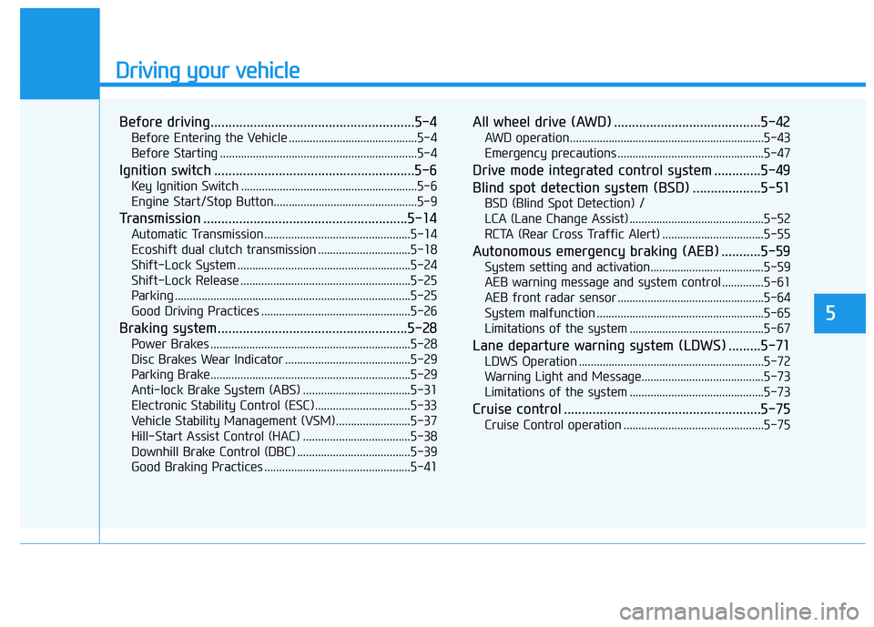 HYUNDAI TUCSON LIMITED 2017  Owners Manual Driving your vehicle
5
Before driving.........................................................5-4
Before Entering the Vehicle ...........................................5-4 
Before Starting ..........